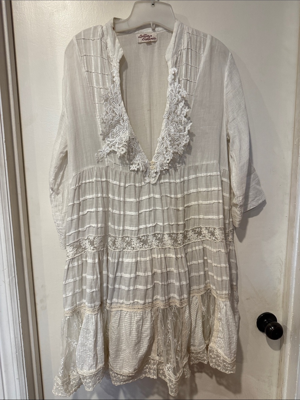 Antica Sartoria Boho Lace-Trim White Tunic Dress or beach cover up.